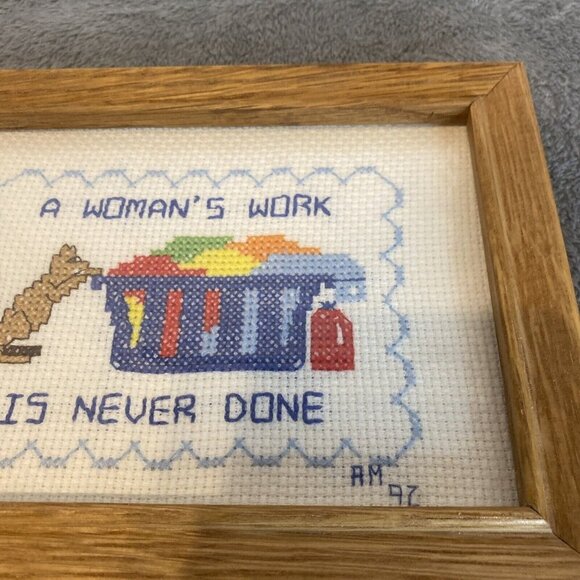 VTG Cross Stitch A Woman’s Work Is Never Done Cat Laundry Framed Picture 6 x 8” - Picture 4 of 8